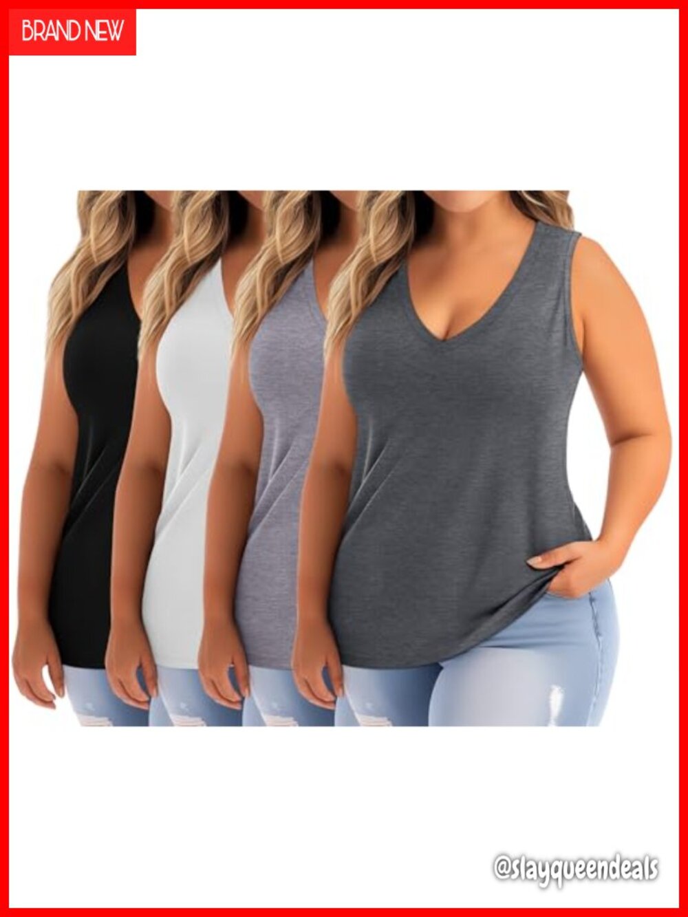 Plus Size Loose Fit Sleeveless Tank Tops Deep V-Neck Polyester Cotton Spandex
